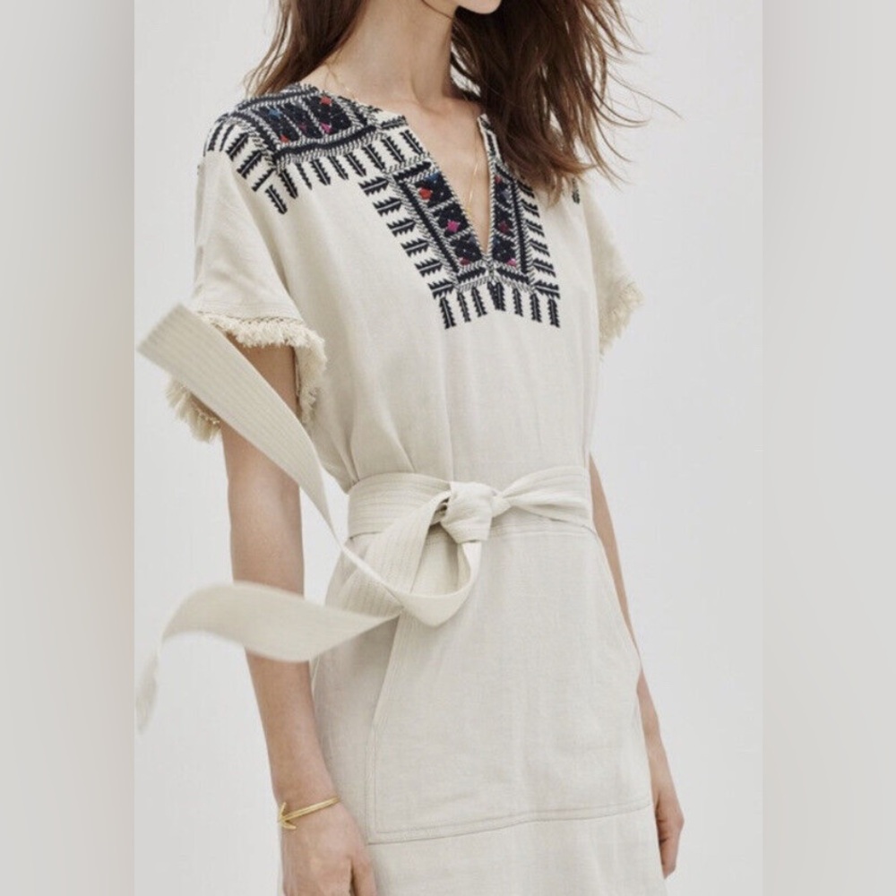 Madewell dress size small embroidered /fringe Linen Blend Coastal Boho